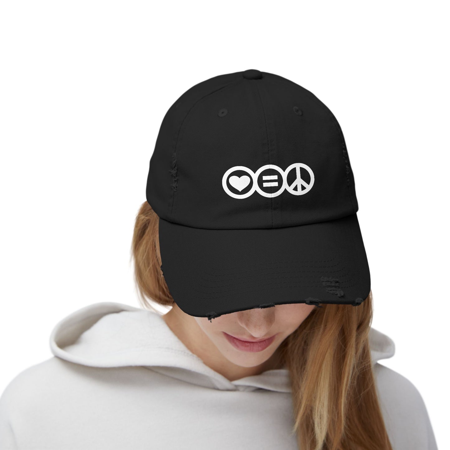Distressed Baseball Cap - Love Equals Peace Black and White Logo